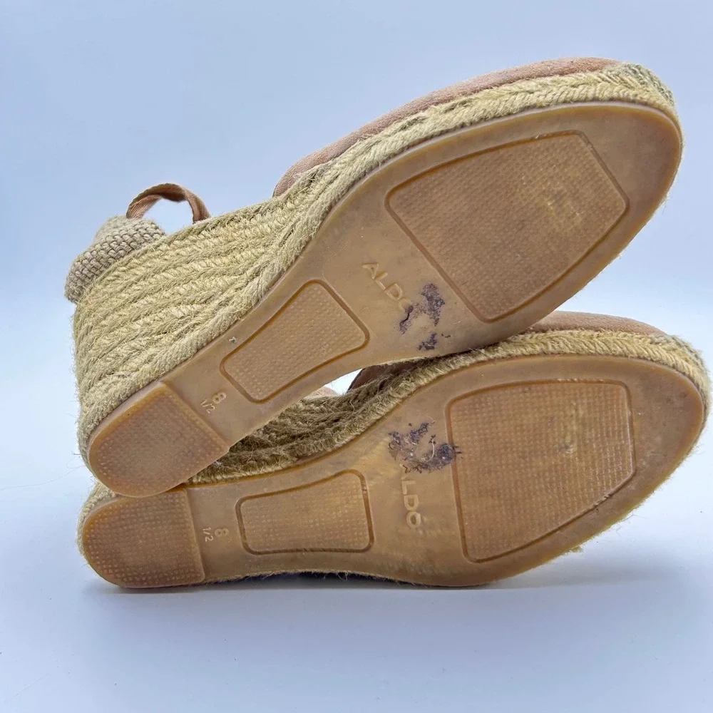 Aldo Espadrille Wedge Sandals Womens 8.5 Tan Suede Ankle Tie Boho Summer Chic